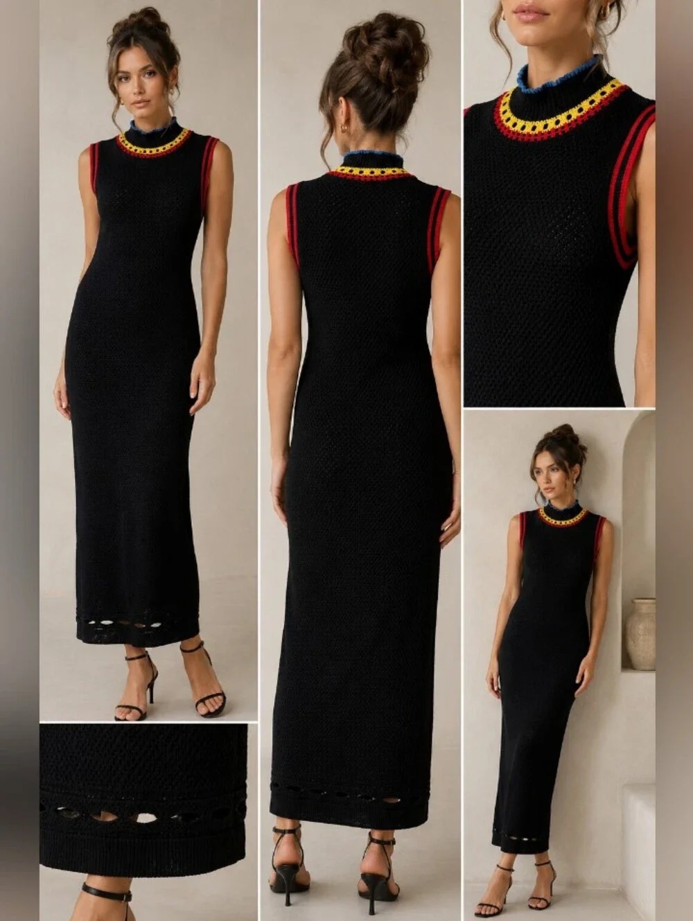 PSWL Proenza Schouler Black Knit Crochet Trim Midi Maxi Dress Small